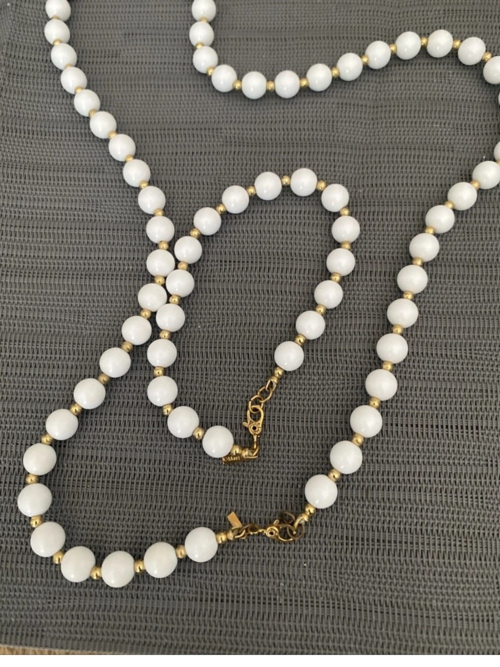 Monet Necklace & Bracelet VTG Signed White Beads Gold Color Clasp Vintage
